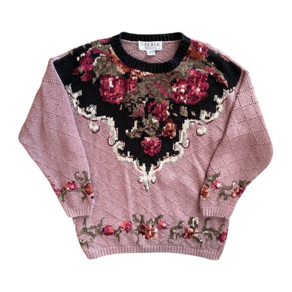 Vintage 80s 90s Studio x Michelle Stuart Roses Knit Sweater Size Small